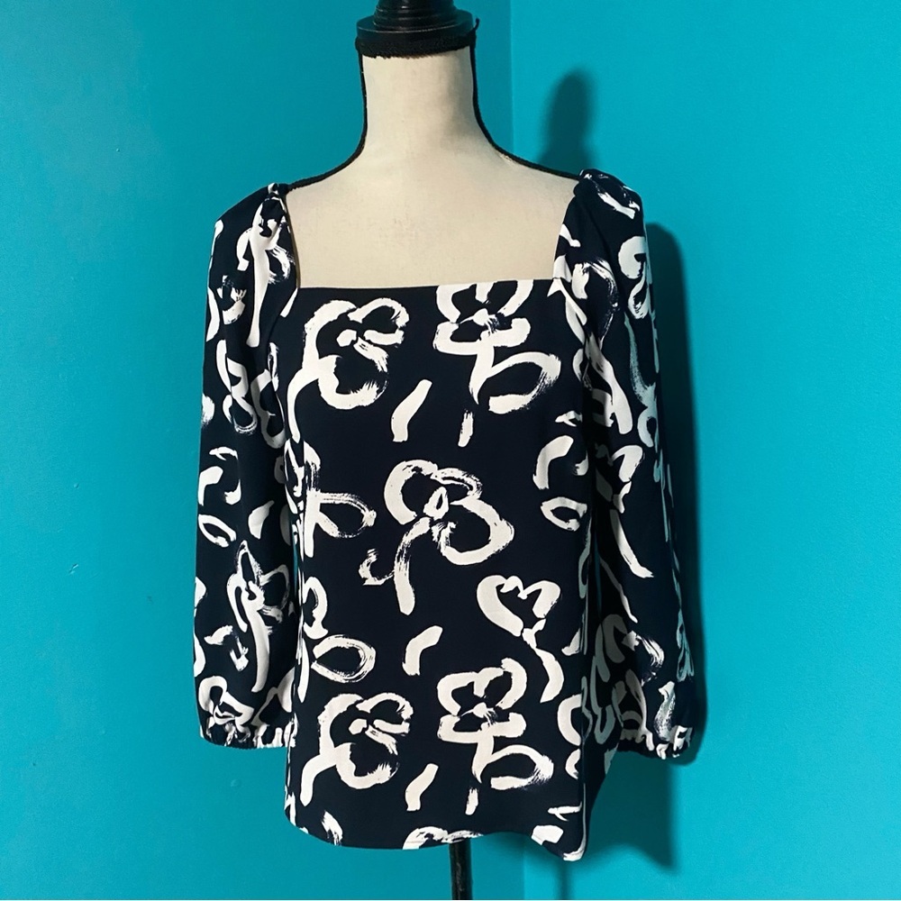 J. Crew 2 Square Neck Long Sleeve Brushstroke Floral Print Blouse Top 365 Crepe